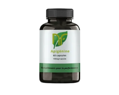 foto de una caja de 60 cápsulas de complemento alimenticio de apigenina para el estrés, la recuperación y el sueño. Se utiliza en el culturismo en forma de polvo o cápsulas derivadas de la manzanilla.